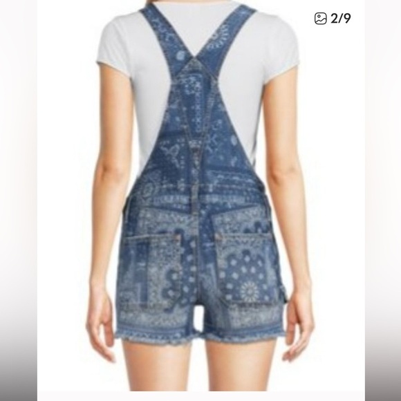Festival Blue White Denim Bandana Overall Shortalls Size M 7-9 Americana - Picture 13 of 14